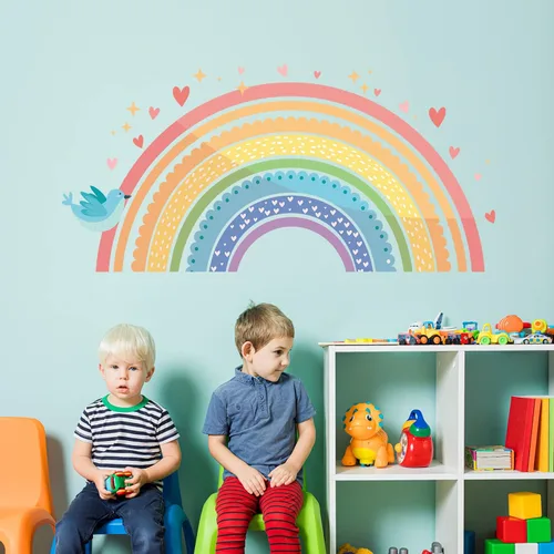 Vista 2 de Calcomanías de pared de arcoíris para dormitorio de niñas, decoración de pared extraíble, papel tapiz autoadhesivo para guardería, sala
