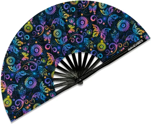 Vista 9 de Ravevibes Ventilador de mano plegable grande de 13 pulgadas, ventilador de bambú para festivales de bambú, ventiladores de Edm con brillo UV