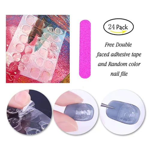 Vista 8 de Uñas postizas cuadradas cortas a presión, uñas postizas brillantes y sólidas, uñas acrílicas de verano, uñas postizas con diseños adhesivos en uñas