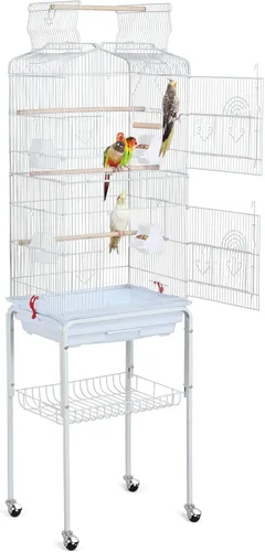 Vista 11 de Yaheetech Jaula para pájaros de 64 pulgadas, jaula para periquitos con bandeja deslizante, comederos, soporte enrollable desmontable, jaulas