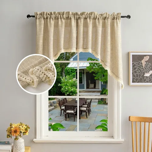 Vista 10 de Beda Home - Cenefas de lino texturizado con borlas para cocina de granjas; decoración rústica con filtro de luz para ventanas pequeñas, dormitorio