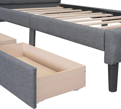 Vista 18 de CITYLIGHT Cama de plataforma tapizada de tamaño individual con cabecero y dos cajones, marcos de cama individual de madera de lino