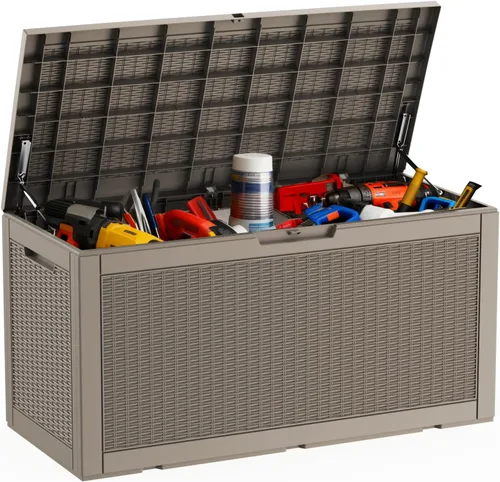 Vista 158 de DRATO Cajas de terraza, caja de almacenamiento al aire libre de 30 galones para cojín de patio, herramientas de jardín, impermeable y resistente a