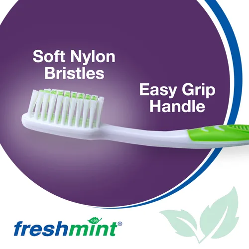 Vista 6 de FRESHMINT Paquete de 144 cepillos de dientes envueltos individualmente, mango de goma de fácil agarre de gran tamaño, cerdas de nailon multicolor