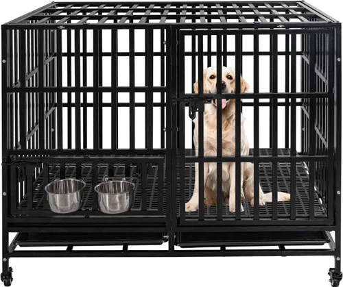 Jaula para perros grandes de 50 pulgadas resistente – Perrera de acero indestructible a prueba de escape con cuencos giratorios de 360°, 2 puertas