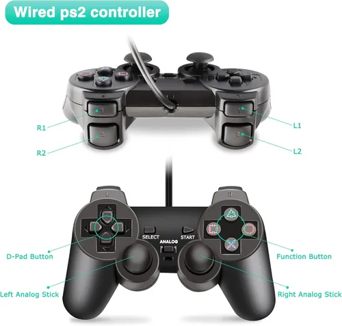 Vista 2 de Controlador con cable para consola PS2 controlador de juego de doble vibración Gamepad remoto para Playstation 2 PS2 con cable largo negro