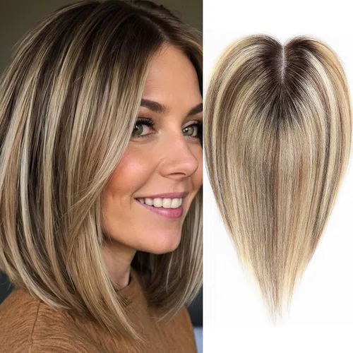 HAIRCUBE Peluquines Ceniza Rubio para Mujeres de Cabello Humano Real, Extensiones de Cabello Humano 100% Remy de 3.5"*4" Atadas a Mano con Base de