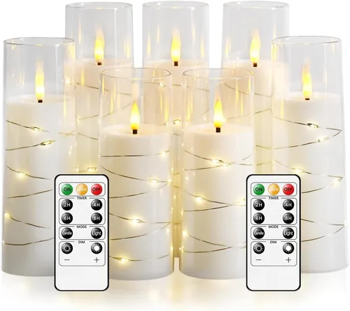 Vista 21 de Velas sin llama, con cadena de estrellas incorporada, velas LED parpadeantes que funcionan con pilas, velas de pilar con control remoto