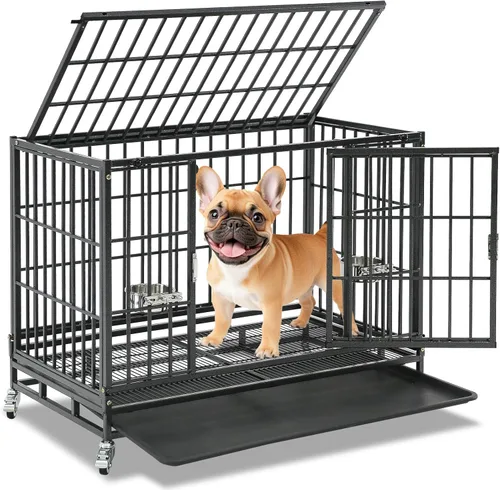 Homey Pet Jaula para Perros Apilable de Servicio Pesado de 37 pulgadas, Jaula Kennel Indestructible a Prueba de Escape para Perros con Ruedas