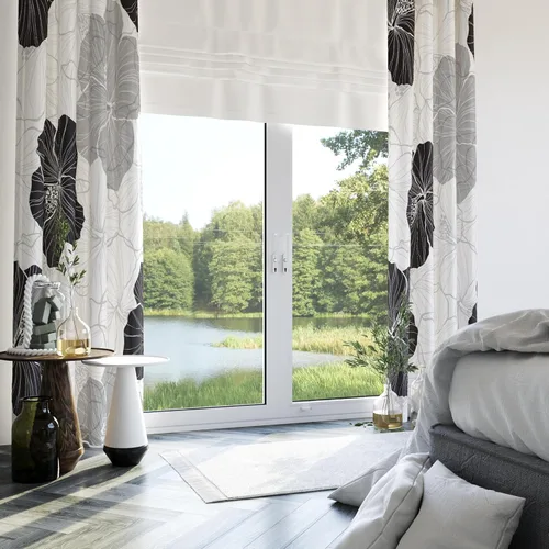 Vista 2 de Juego de 2 paneles de cortinas 100% opacas, negro, blanco, gris, floral, negro, elegante, con aislamiento térmico, tratamiento de ventana