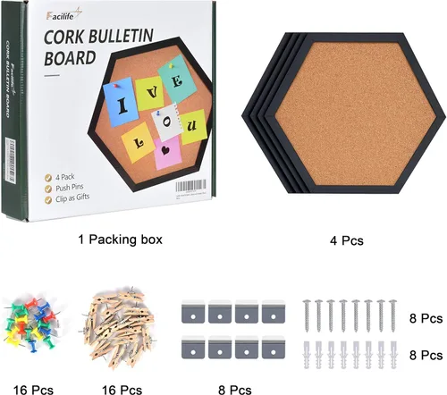 Vista 3 de Facilife Paquete de 4 tableros de corcho, corchos para pared, pequeñas decoraciones de tablero de corcho, tableros de corcho para paredes con marco