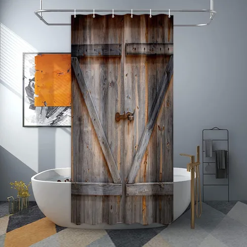 Vista 9 de Cortina de ducha para puerta de granero, cortina de ducha de decoración rústica, puerta de granero de madera rústica, cortina de ducha de poliéster