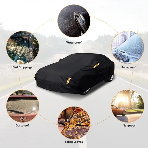 Vista 7 de NEVERLAND Funda para Coche Sedán Impermeable Resistente Protección Todo Clima Nieve Anti-UV Resistente al Viento Exterior Funda Completa para Coche