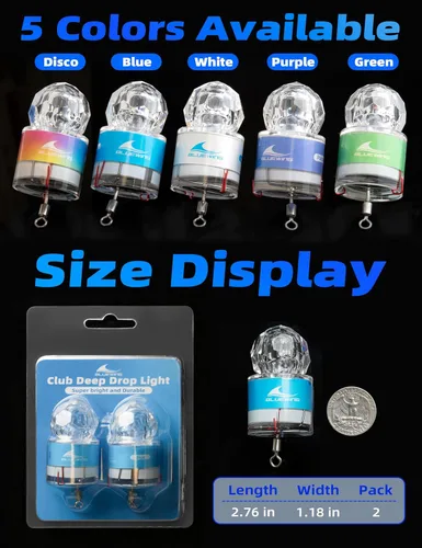 Vista 5 de BLUEWING Luces LED de pesca de diamante, luces de caída profunda, intermitente subacuático, activación de agua, señuelos de pesca con iluminación