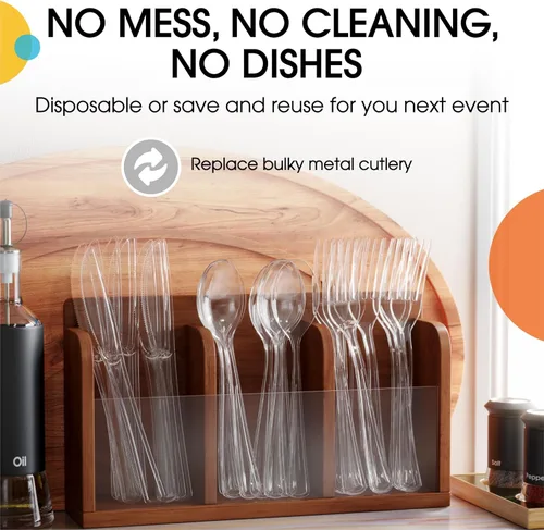 Vista 5 de Party Solids Cubiertos de plástico transparente de alta resistencia, 150 piezas desechables transparentes, juegos de utensilios, 50 de cada tenedor