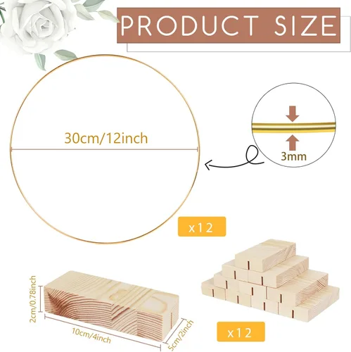 Vista 2 de OurWarm 12 centros de mesa de aro floral de 12 pulgadas con soporte para mesa, piezas centrales de metal con base de madera, centros de mesa dorados