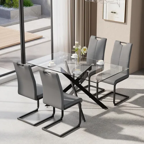 Vista 13 de Juego de mesa de comedor de 5 piezas para 4, mesa rectangular moderna de cristal con 4 sillas tapizadas de cuero, juegos de mesa y sillas de comedor