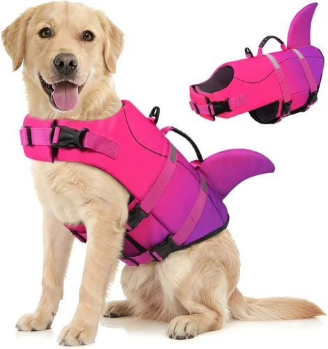 Vista 17 de Queenmore - Chaleco salvavidas para perros pequeños, medianos, grandes, estilo pescado, chaleco flotante con mango de goma suave ajustable, M