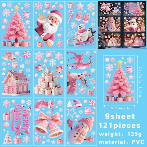 Vista 4 de 121 calcomanías de Navidad rosas para ventanas, Papá Noel, árbol de Navidad, copo de nieve, muñeco de nieve, ciervo, calcomanías de doble cara
