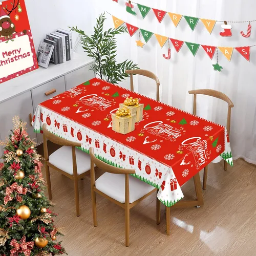 Vista 2 de Paquete de 3 manteles de Navidad, manteles de Navidad desechables de plástico rectangulares de 54 x 108 pulgadas, árbol de Navidad, copo de nieve