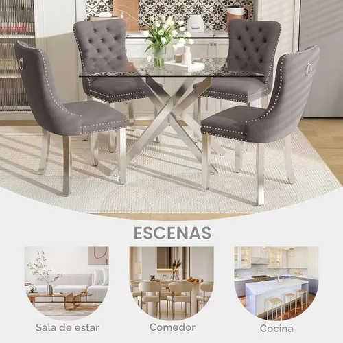 Vista 9 de Juego de mesa de comedor de vidrio de 51 pulgadas para 4, mesa de cocina rectangular de vidrio con 4 sillas decorativas tapizadas de terciopelo