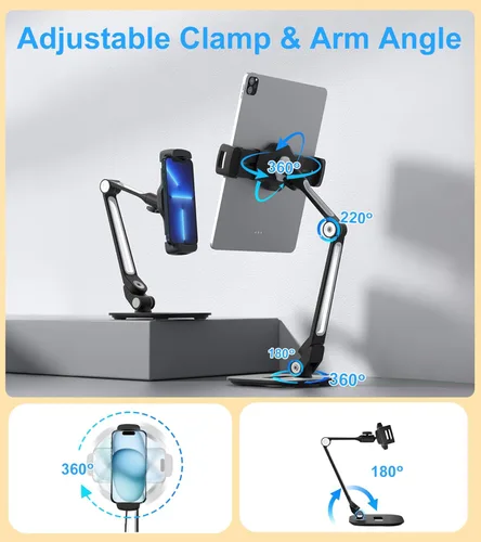 Vista 7 de Soporte ajustable para tablet de escritorio, soporte giratorio de 360° para iPad Air mini Pro de 4.7 a 12 pulgadas, iPhone, Samsung POS, Kindle