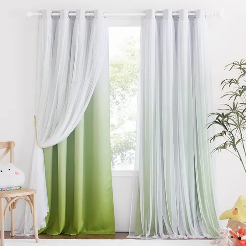 Vista 8 de PONY DANCE Cortinas para Sala de Estar - Cortinas Opacas Gris Degradado con Superposición de Gasa Blanca Térmicamente Aisladas Mezcla y Combina