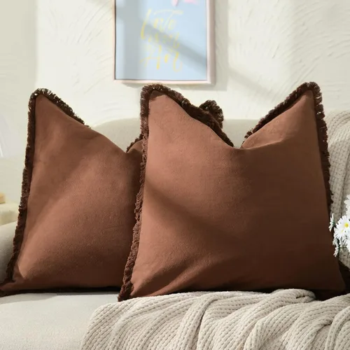 Vista 25 de ZWJD Fundas de Almohada 18x18 Juego de 2 Fundas de Almohada Decorativas Verde Militar con Flecos Algodón Chic Fundas de Cojín Cuadradas para Sofá