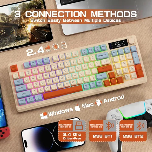 Vista 3 de LexonElec Teclado inalámbrico M96 para juegos, control de perilla Bluetooth2.4G, teclado inalámbrico de sensación mecánica, retroiluminación LED RGB