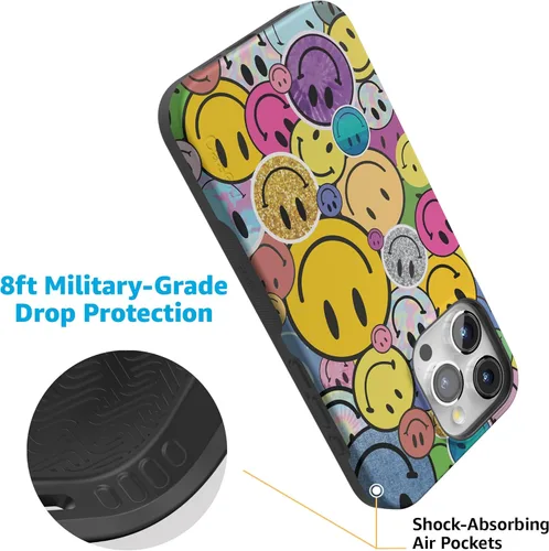 Vista 4 de Funda Casely para iPhone 15 Pro Max Todas las sonrisas Adhesivo de cara sonriente Compatible con MagSafe Diseño protector audaz