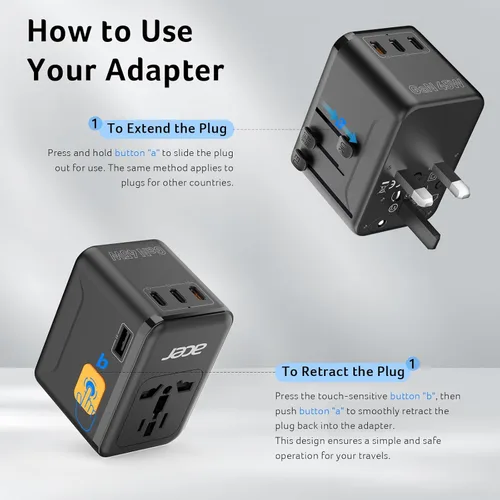 Vista 7 de Acer Adaptador de enchufe de viaje universal GaN de 45 W, adaptador de corriente internacional con 3 USB C y 1 USB A, toma de corriente en todo