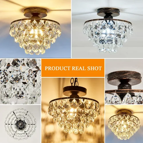 Vista 4 de Modern Celing Light Crystal Chandelier,Semi Flush Mount Small Oil Rubbed Bronze,Mini E26 Ceiling Lamp for Hallway Bedroom Bathroom Closet