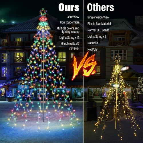 Vista 2 de Tira de luces de estrella para exteriores, juego de poste con control remoto, múltiples modos de iluminación, temporizador y función impermeable