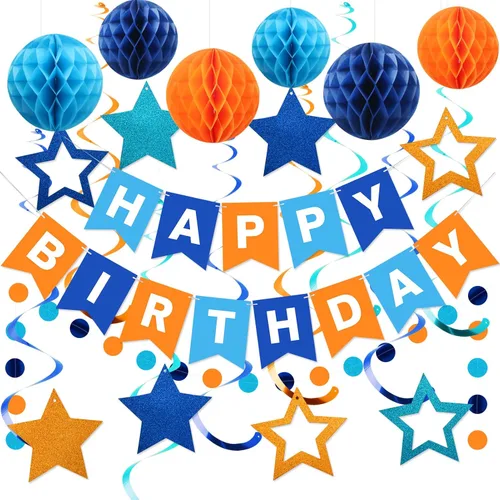 Vista 15 de meowtastic - Decoraciones de cumpleaños, pancarta de feliz cumpleaños con bolas de panal de abeja, serpentinas colgantes de estrellas, guirnalda