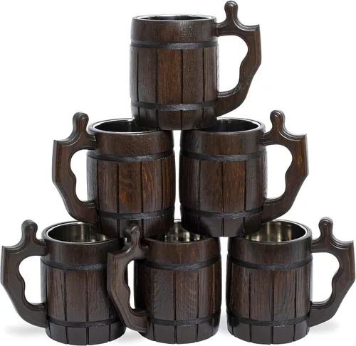 Juego de 6 Tazas de Cerveza 20 OZ - Jarra de Metal - Stein de cerveza - Taza de cerveza de madera - Taza de acero inoxidable - Regalos hechos a mano