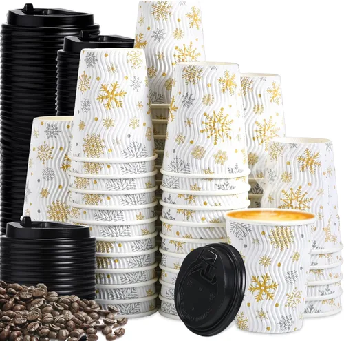 Vista 7 de Foaincore Paquete de 200 vasos de papel aislados de Navidad a granel de 12 onzas desechables para café caliente con tapas, vasos ondulados