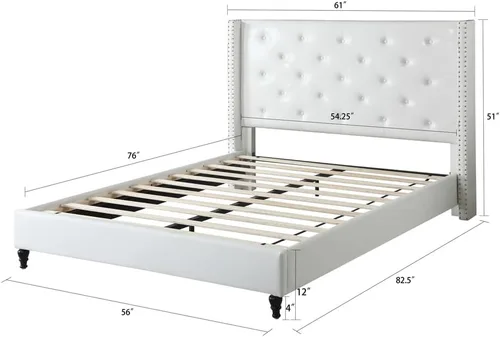 Vista 3 de Base de cama de plataforma tapizada completa con cabecero de 51 pulgadas de alto, cama de tela copetuda con botones, soporte de listones de madera