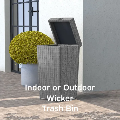 Vista 3 de Nestl Bote de basura gris para exteriores de 30 galones con tapa, cubo de basura de mimbre para patio