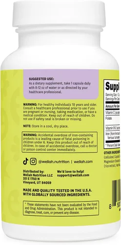 Vista 2 de Wellah Suplemento de hierro para mujeres (65 mg) 180 cápsulas - con vitamina C, vitamina B12 y folato