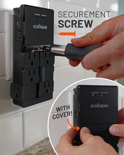 Vista 5 de ECHOGEAR Toma de pared con protección contra sobretensiones - Alimenta y protege 8 dispositivos con 6 enchufes AC giratorios y 2 puertos USB