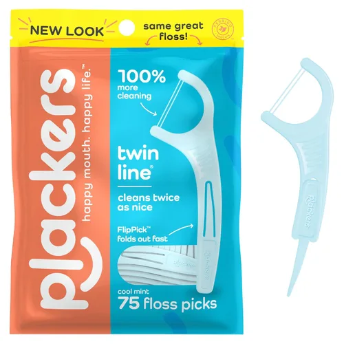 Plackers Twin Line Púas de Hilo Dental, Tuffloss de Doble Línea, Fácil Almacenamiento, Sabor a Menta Fresca, 75 Unidades