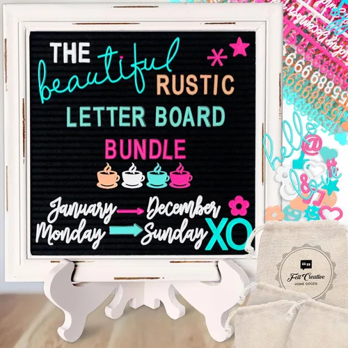 Paquete definitivo de tableros de letras de fieltro rústico Farmhouse Vintage con marco de madera blanca y soporte de Felt Creative Home Goods,