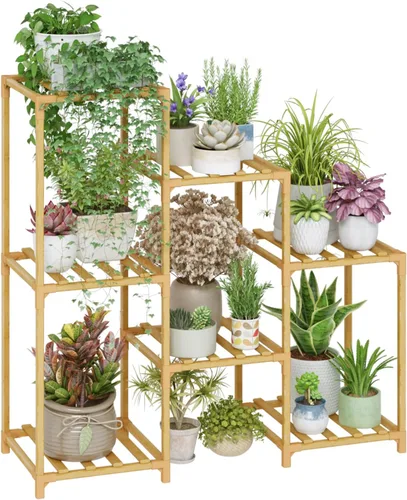 Vista 20 de Bamworld - Soporte para plantas de interior, estante de madera de exterior para múltiples plantas, soporte escalonado de 3 niveles para sala