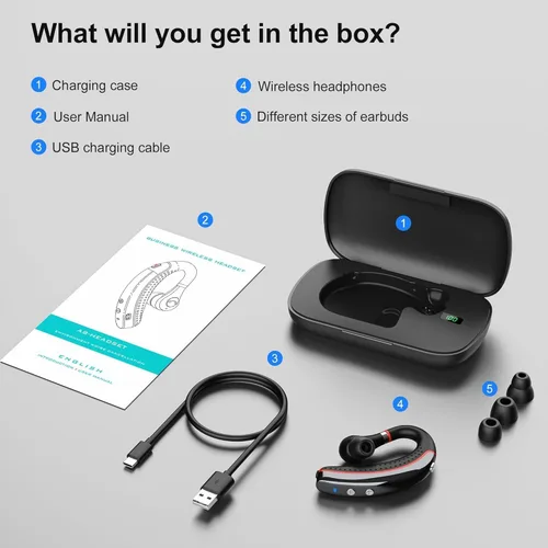 Vista 8 de SneKa Auriculares Bluetooth, auricular Bluetooth inalámbrico con funda de carga de 500 mAh, tiempo de conversación de 72 horas y para teléfonos