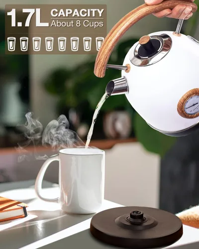 Vista 7 de Tetera eléctrica, caldera de agua caliente con termómetro, tetera de acero inoxidable de 1.7 litros, sin BPA, 1500 W, mango de madera, hervidor