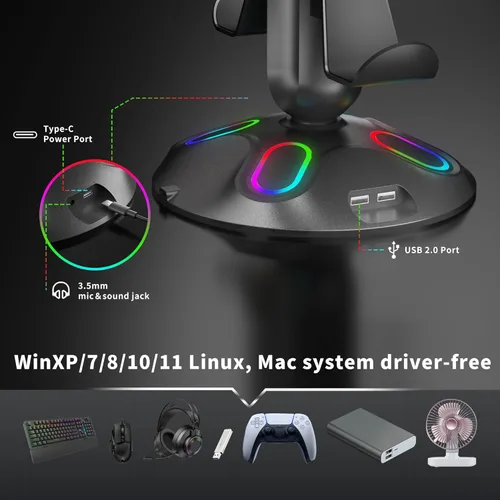 Vista 3 de Gaming RGB Headphone Stand, Controller Holder with 9 Light Modes and 2 USB Charging Ports and 3.5mm & Type-C - Controller Stand Hanger Accessories
