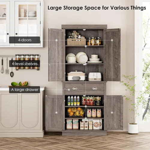 Vista 5 de FOTOSOK 72" Kitchen Pantry Storage Cabinets with Drawer, Freestanding Cupboard with 4 Doors, Drawer, 4 Shelves, Utility Pantry Cabinet for Kitchen