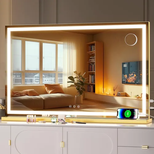 Vista 17 de Hasipu Espejo de tocador con luces, espejo LED de maquillaje de 31.5 x 22 pulgadas, espejo de maquillaje iluminado con 3 modos regulables, espejo