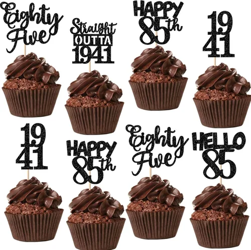 Vista 24 de 30 piezas de decoraciones para pastel de cumpleaños número 10, decoraciones de cupcakes negras con brillo, 10 feliz cumple, directo desde 2016, 10