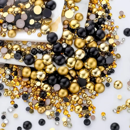 Vista 20 de 60g de perlas planas doradas con parte trasera de diamantes de imitación para manualidades, tamaño mixto de 3mm-10mm, color AB, redondas, cuentas